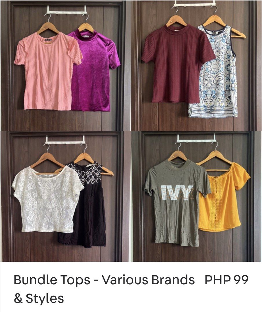 Bundle Tops - Various Brands & Styles (Category: Blouses) located in Manila. Submitted by mentone (Listing ID 1449590057, Image 1). Description: - Bundle tops - Includes: pink ribbed top with ruffle sleeves, purple velvet mock neck top, grey Ivy Park t-shirt, yellow off-shoulder top, white lace top, black sleeveless top, maroon ribbed mock neck top, and a patterned sleeveless top. - Offers a great variety for your wardrobe. 99 ONLY, for 2 tops.