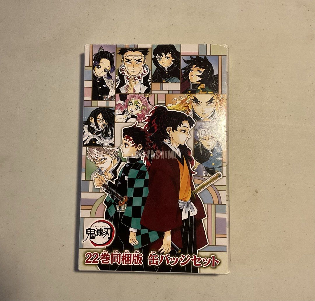 Demon Slayer 22 Volume Edition Badge Set (Category: Comics & Manga) located in Lucena. Submitted by httpynk (Listing ID 1449607235, Image 1). Description: - Demon Slayer Badge Set (22-Volume Edition) - Includes 6 round badges - Includes 2 larger circular items - All items are brand new and in original packaging.