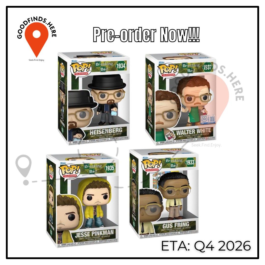 Funko: Breaking Bad Preorder (Category: Designer & Blind Box Toys) located in Pasig City. Submitted by goodfinds.here (Listing ID 1449574956, Image 1). Description: ❗Funko: Breaking Bad Preorder❗ ▪️Heisenberg ▪️Jesse Pinkman ▪️Gus Fring ₱780 each / DP: 380 **batch 2 (1,250 each/dp 600) ▪️Walter White Specialty Series ₱1,300 / DP: 600 **batch 2 ( 1,750 /dp :750) ETA: Q4 2026 (subject for delay or to change without prior notice) DOWNPAYMENT is requ