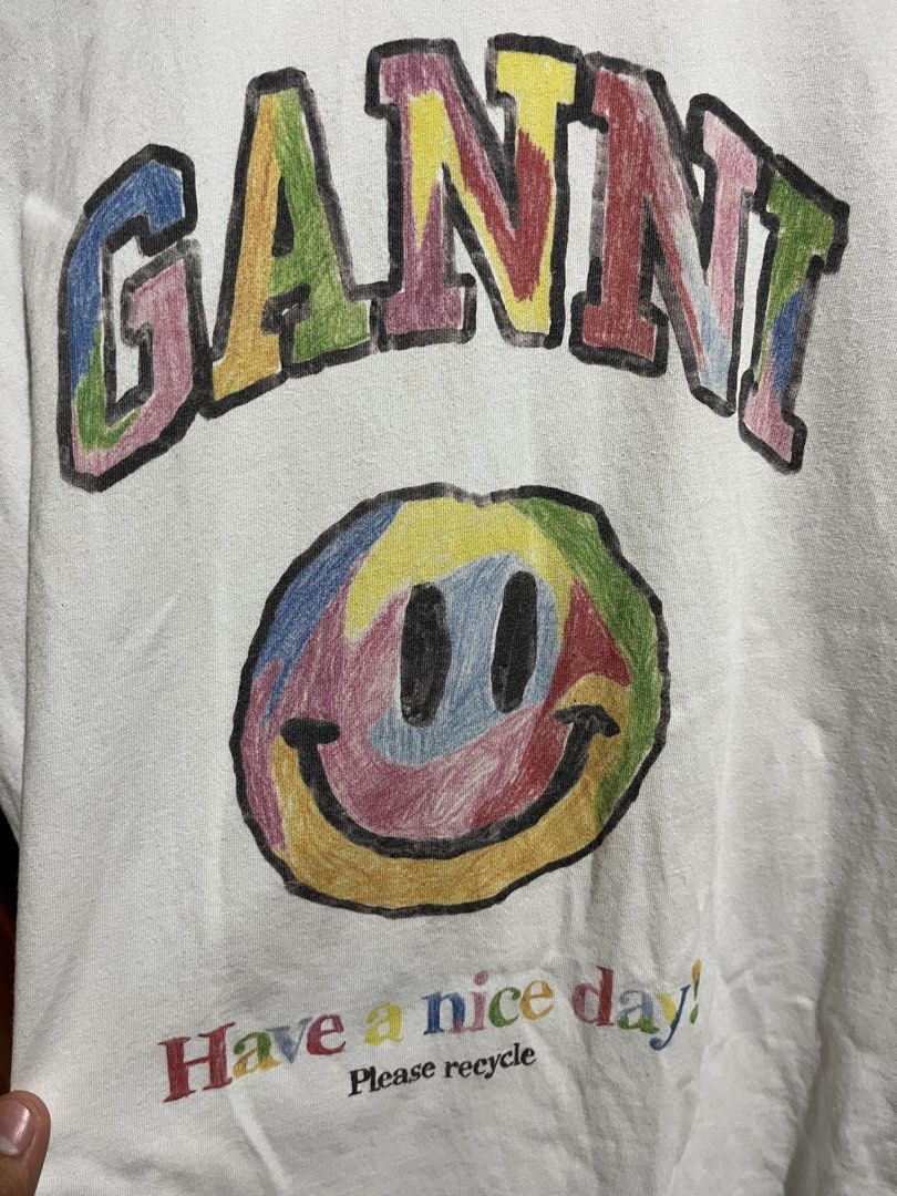 Ganni (Smiley) (Category: Shirts) located in Tayug. Submitted by thriftyshady_ (Listing ID 1449649963, Image 3). Description: Ganni Dimes: 19x26 No issue Condition: 9/10 Color rate: 9/10 Verygood condition.