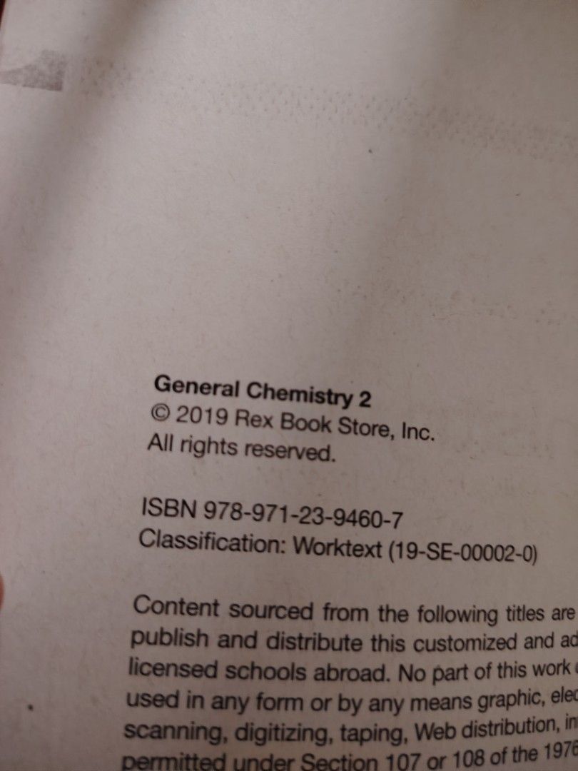 General Chemistry 2 Philippine Edition (REX) (Category: Textbooks) located in Baybay. Submitted by dotsiboi000 (Listing ID 1449595792, Image 3). Description: **Shipped from Baybay City, Leyte Copyright Yr 2019 No acetate/book cover No writings/marks NO ISSUE 2 stocks available...