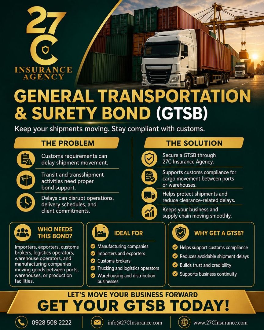 General Transportation & Surety Bond (GTSB) (Category: Admin, Finance, Legal) located in Quezon City. Submitted by 27crealty-2 (Listing ID 1427983788, Image 1). Description: Keep your cargo moving — and your business compliant. 🚛⚓ A General Transportation & Surety Bond (GTSB) is essential for companies moving goods through Philippine ports. It allows faster cargo release, minimizes costly delays, and ensures full compliance with customs and port