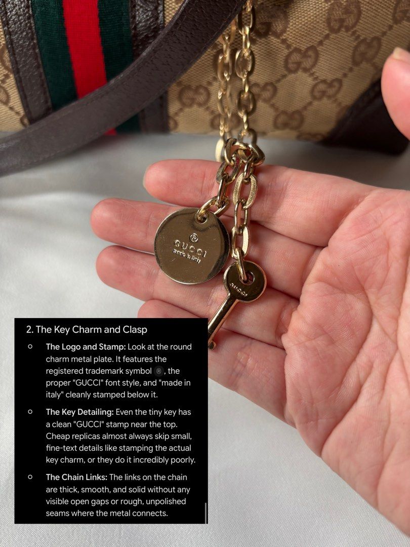 Gucci Monogram Canvas Tote Bag with Key Charm (Category: Luxury Bags & Wallets) located in Iloilo. Submitted by iconicangie (Listing ID 1449619692, Image 3). Description: - Beige GG monogram canvas - Dark brown leather trim - Iconic green and red web stripe detail - Detachable key charm and lock included ( lock working / key lose ) - Interior serial number stamp - key lock non working - lock working.