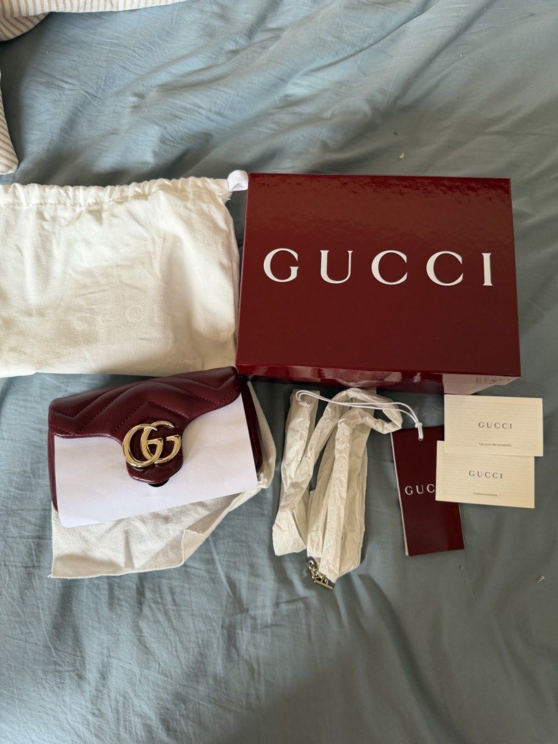 Gucci Super Mini Marmont Bag (Category: Luxury Bags & Wallets) located in Bocaue. Submitted by arnssss (Listing ID 1449608270, Image 3). Description: Rosso ancora color (wine red). Used once only. 100% authentic. Bought from Europe. RFS: letting go of my mini bags.