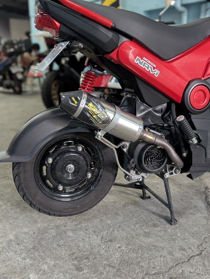 Honda Navi Red Custom Exhaust & Handlebars (Category: Other Motorcycles Parts and Accessories) located in Quezon City. Submitted by boldearth_664825 (Listing ID 1449685938, Image 2). Description: Honda Navi Red 400+ odo only Pass as brandnew With accesories Original GTR Handle Bar Icon sequential signal lights front and rear Ac to dc concerted already Revolution tail tidy Norifumi Offroad Muffler with custom elbow Red motoshield Crash Guard Red m