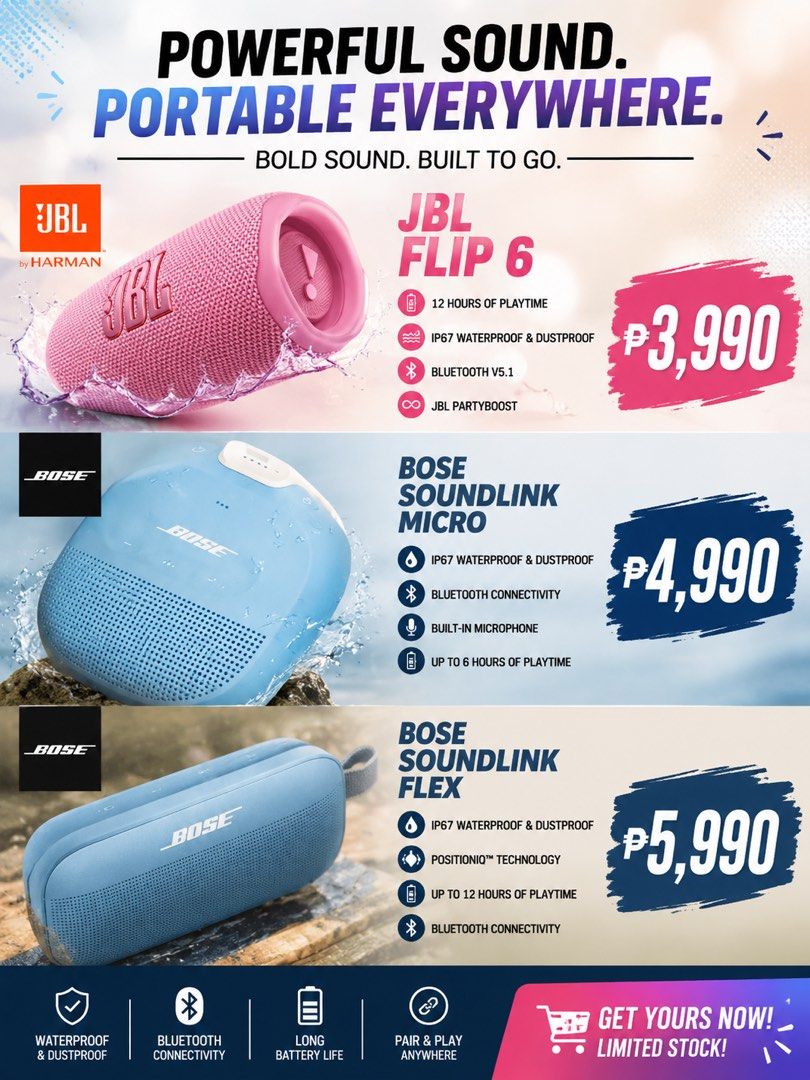 JBL Flip 6 Portable Bluetooth Speaker - Pink (Category: Soundbars, Speakers & Amplifiers) located in Manila. Submitted by missdiygirl (Listing ID 1449712450, Image 1). Description: - Bold sound, built to go: JBL Flip 6 Speaker - Color: Pink - Playtime: Up to 12 hours - Durability: IP67 waterproof and dustproof - Connectivity: Bluetooth v5.1 - Features: JBL PartyBoost.