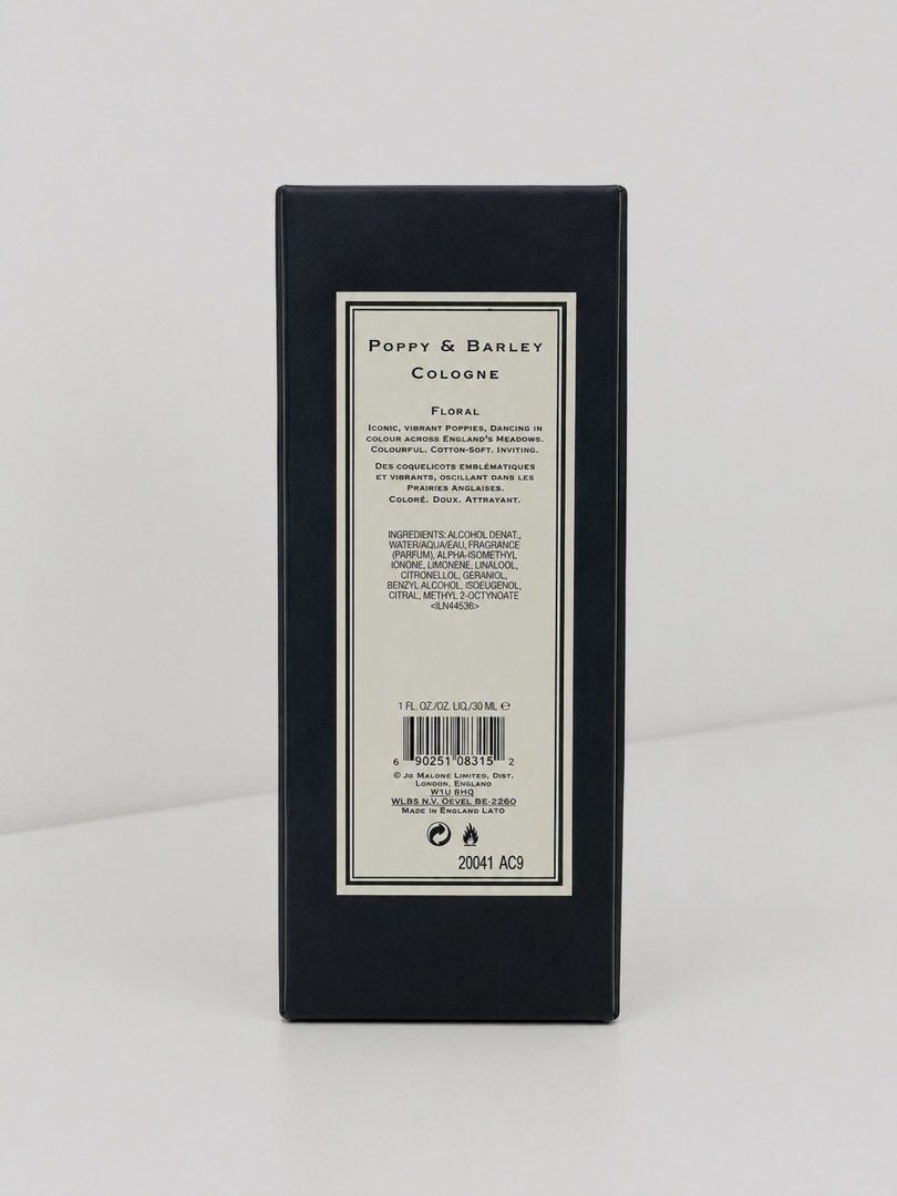 Jo Malone Poppy & Barley (Category: Fragrance & Deodorants) located in Antipolo. Submitted by glncdeclutter (Listing ID 1449631861, Image 3). Description: Jo Malone London Poppy & Barley Cologne - Clean scent with a slight floral note. Smells like a Vogue Magazine. - Perfume notes: breezy, floral-woody fragrance blending crisp fruits with soft, nutty grains. Size is 30mL and bottle is still 80% or around 20mL full. Comes with original box. Perfum