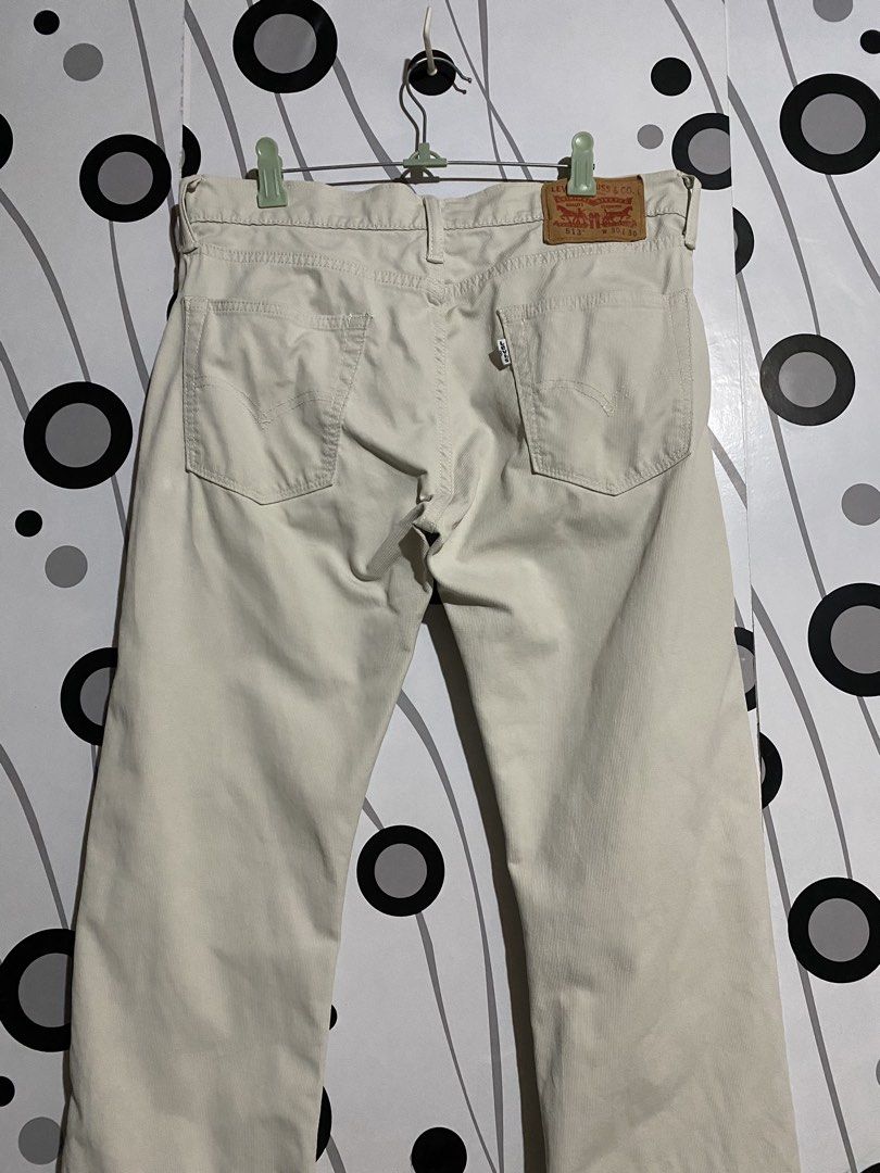 Levi's 513 corduroy jeans (Category: Jeans) located in Cebu City. Submitted by patspickph (Listing ID 1449586860, Image 1). Description: These are Levi's 513 corduroy jeans in a light beige color, featuring a classic leather back patch.Style: Levi's 513 (Slim Straight fit). Material: Beige corduroy fabric. Size: 30-32(max) inch waist and 38.5 inch length. As new Excellent Condition👌.