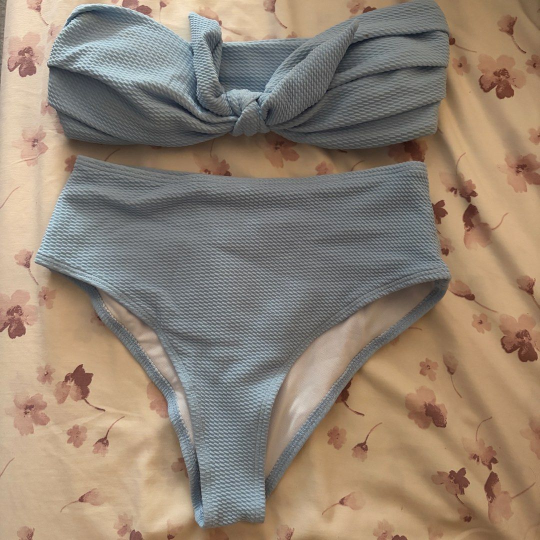 Light Blue Textured High Waisted Bikini Set | Zaful (Category: Bikinis & Swimsuits) located in Pasig City. Submitted by jh01116 (Listing ID 1449611668, Image 1). Description: - Cute light blue bikini set - Textured fabric - Flattering high-waisted bottoms - Bandeau top with knot detail - Size Medium - Used once.