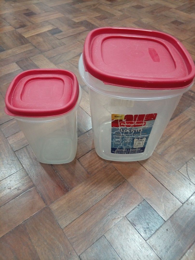 Lock & Lock Food Storage Containers with Red Lids (Category: Food Organization & Storage) located in Makati City. Submitted by giovandbertha1 (Listing ID 1449698677, Image 1). Description: - Set of 2 Lock & Lock food storage containers - Both feature secure red lids - Includes one large, tall container - Includes one small, square container - Ideal for storing leftovers, snacks, or dry goods - Lids provide an airtight seal.