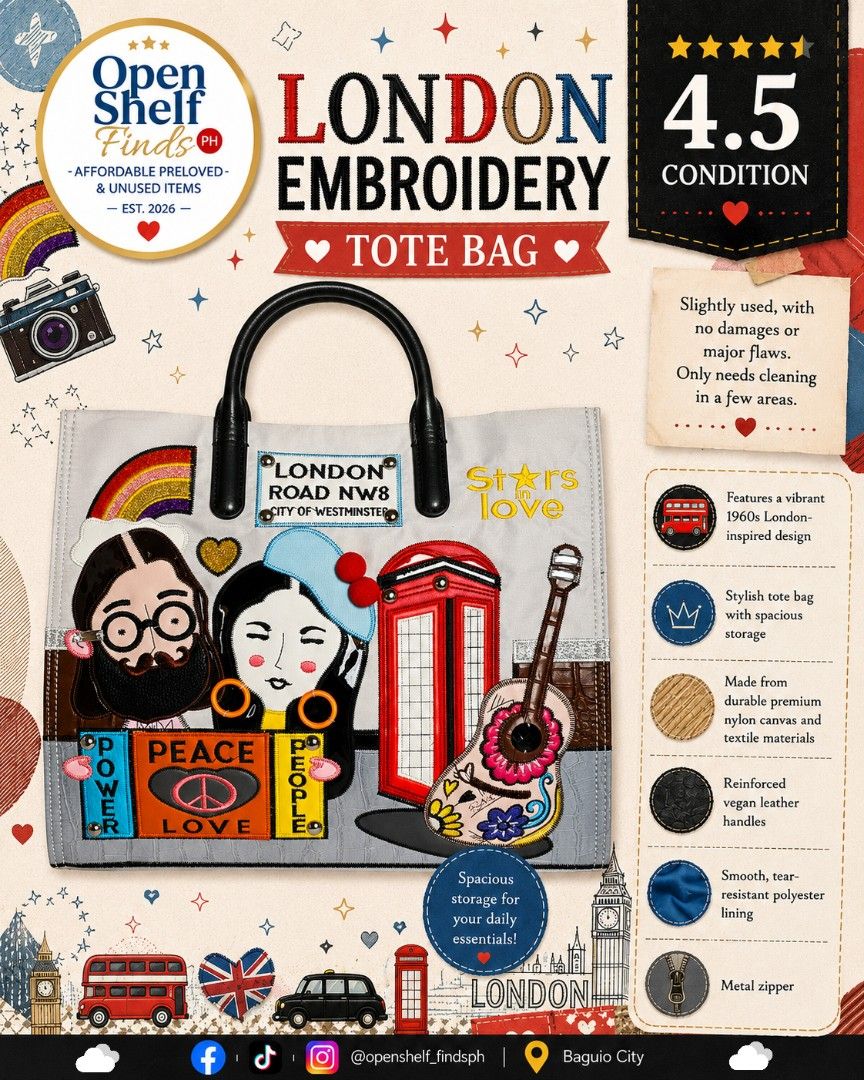 London Embroidery Tote Bag w/ Adjustable Strap (Category: Tote Bags) located in Baguio. Submitted by openshelf_findsph (Listing ID 1449577944, Image 1). Description: ‼️PLEASE READ 😊 Condition: Slightly used, with no damages or major flaws. Only needs cleaning in a few areas. ✨️ Features a vibrant 1960s London-inspired design ✨️ Stylish tote bag with spacious storage ✨️ Made from durable premium nylon canvas and textile materials ✨️ Reinforced ve