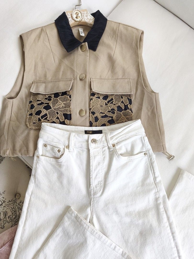 MAJE PARIS Ivory wideleg jeans (Category: Coats, Jackets and Outerwear) located in Baguio. Submitted by karen.dz (Listing ID 1449537655, Image 2). Description: MAJE PARIS Ivory wideleg jeans authentic with complete tags Size 28 *1 botton missing pero bagong bago Gold hardwares ✅ 1550 .