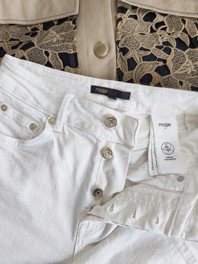 MAJE PARIS Ivory wideleg jeans (Category: Coats, Jackets and Outerwear) located in Baguio. Submitted by karen.dz (Listing ID 1449537655, Image 3). Description: MAJE PARIS Ivory wideleg jeans authentic with complete tags Size 28 *1 botton missing pero bagong bago Gold hardwares ✅ 1550 .