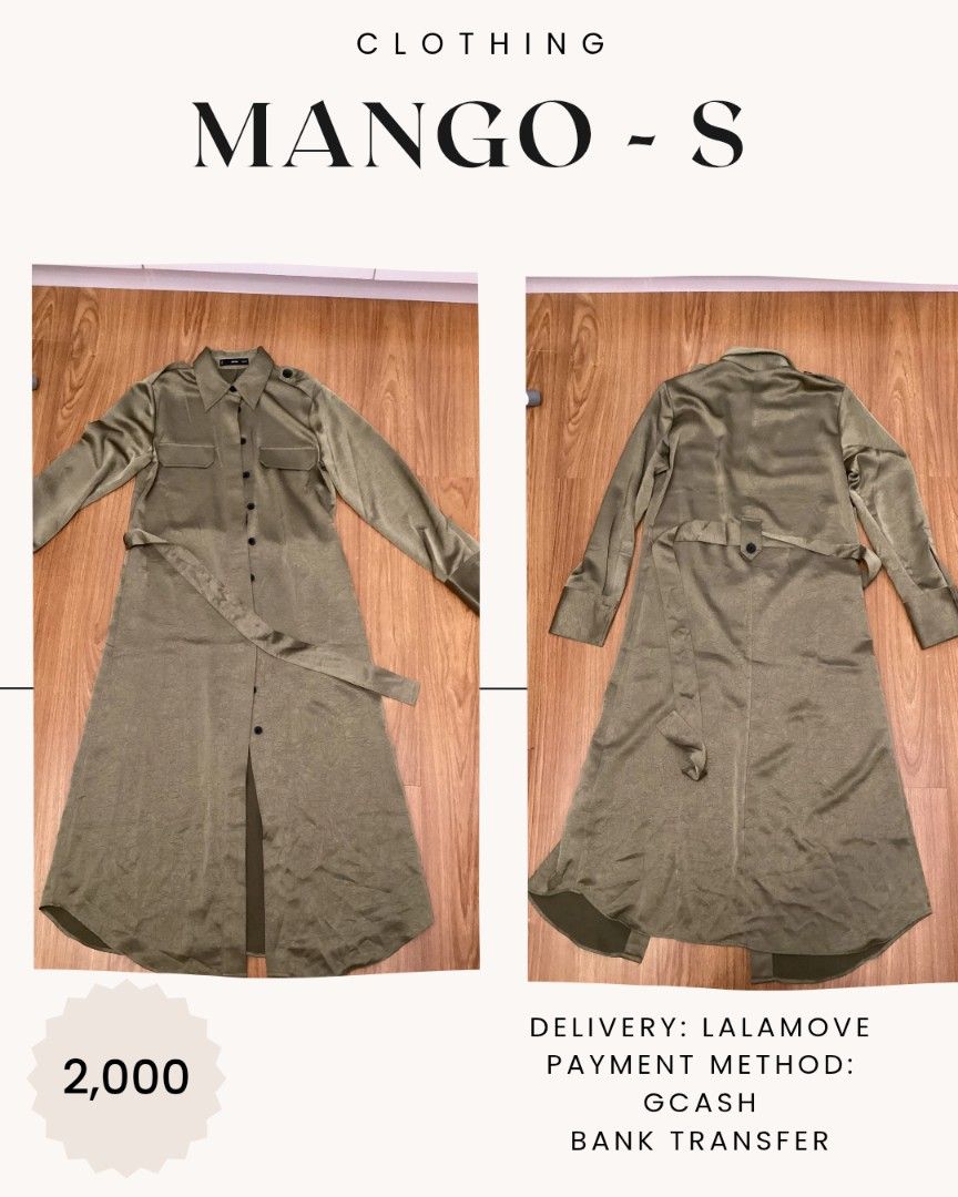 Mango Olive Green Button-Down Midi Dress with Belt - Size S (Category: Dresses) located in Manila. Submitted by d2clutering2ndhand.734 (Listing ID 1449720561, Image 1). Description: - Mango olive green midi dress - Size S - Button-down style - Includes matching belt - Features chest pockets - Trench coat inspired design - Versatile for casual or dressy events.