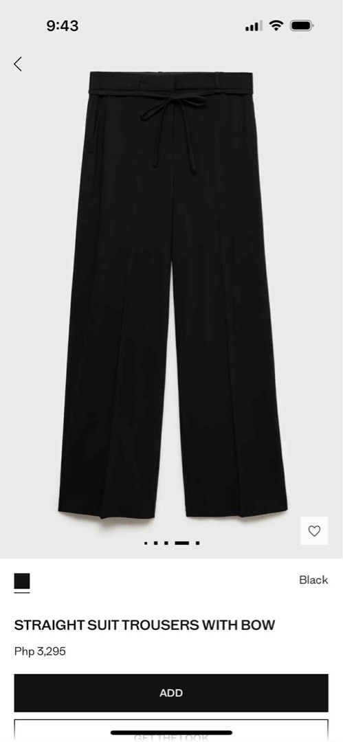 MANGO Straight Suit Trousers with Bow | Black EU42 (Category: Other Bottoms) located in Quezon City. Submitted by mer.declutters (Listing ID 1449585906, Image 3). Description: Straight Design. Long design. Mid-rise. Belt loops. Two side pockets. Adjustable tie closure. Concealed button, hook and zip fastening. Inner lining. Total look Matching suits available too! Check my other postings if u want to complete this set :) This is so chic pa naman 