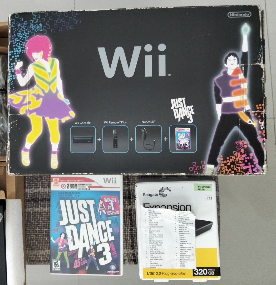Nintendo Wii Console Bundle with Just Dance 3 & Seagate 320GB HDD (Category: Nintendo) located in Antipolo. Submitted by madu88 (Listing ID 1449611203, Image 1). Description: - Complete Set Nintendo Wii console set - Includes Wii console, controllers, and accessories - Comes with Just Dance 3 game - Includes Seagate 320GB external hard drive, 40 games - All packed in the original box - Great for parties and family fun Price: Php6,000.00 MOP: GCas