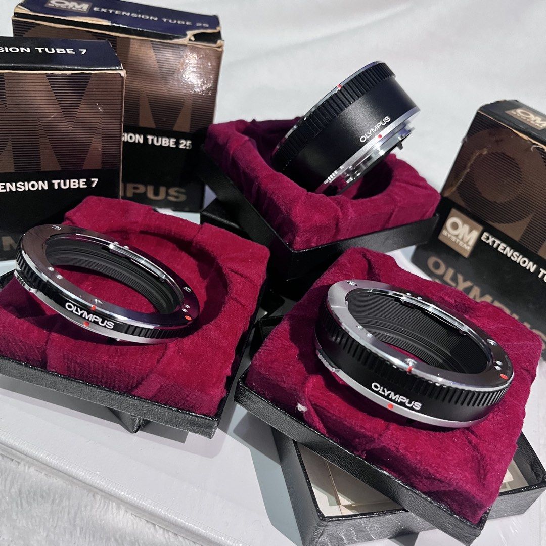 Olympus OM System Extension Tubes 7, 14, 25 (Category: Cameras) located in Manila. Submitted by fierceshark_958930 (Listing ID 1449648266, Image 1). Description: - Set of Olympus OM System Extension Tubes - Includes 7mm, 14mm, and 25mm sizes - Perfect for macro photography, allowing closer focusing - All tubes come with their original boxes - Sold as a complete set.