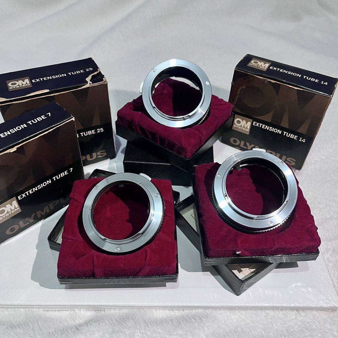Olympus OM System Extension Tubes 7, 14, 25 (Category: Cameras) located in Manila. Submitted by fierceshark_958930 (Listing ID 1449648266, Image 2). Description: - Set of Olympus OM System Extension Tubes - Includes 7mm, 14mm, and 25mm sizes - Perfect for macro photography, allowing closer focusing - All tubes come with their original boxes - Sold as a complete set.