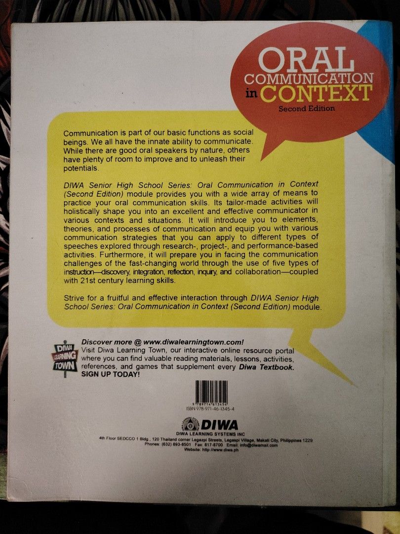Oral Communication in Context 2nd Edition (DIWA) (Category: Textbooks) located in Baybay. Submitted by dotsiboi000 (Listing ID 1449570996, Image 2). Description: Copyright Yr 2019 Has acetate/book cover Issue: Mininal writings/marks (less than 5 pages).