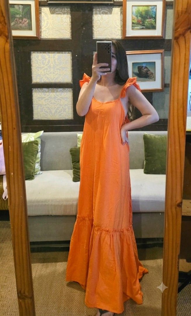 Orange Cotton Linen Maxi dress (Category: Dresses) located in Manila. Submitted by kayencee_27 (Listing ID 1449744528, Image 3). Description: Brandnew Cotton Linen maxidress with clear plastic Orange color Flowy /loosefit Selftie straps B 36"-40".
