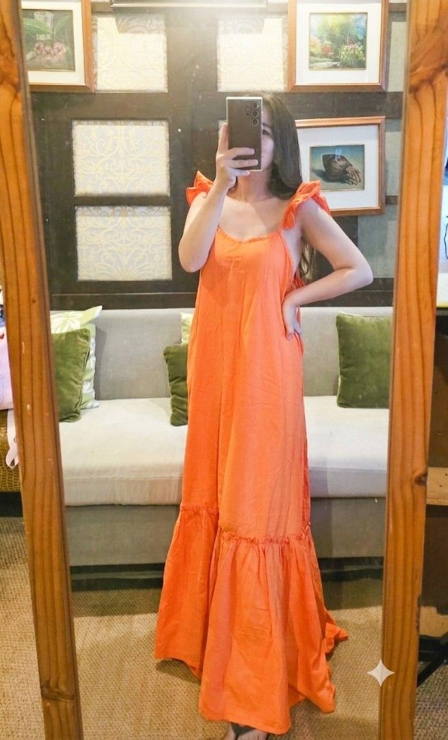 Orange Cotton Linen Maxi dress (Category: Dresses) located in Manila. Submitted by kayencee_27 (Listing ID 1449744528, Image 1). Description: Brandnew Cotton Linen maxidress with clear plastic Orange color Flowy /loosefit Selftie straps B 36"-40".