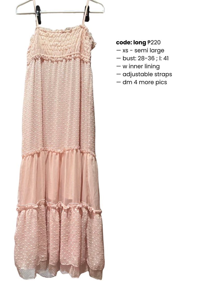 pink polka layered long dress (Category: Dresses) located in Tuguegarao City. Submitted by yeukon (Listing ID 1449587916, Image 2). Description: — dm for more deets n pics ! — has brand but ‘di ko maintindihan ‘yung text HUHU SORRY size: xs - semi large bust — 28-36 ; l — 41.