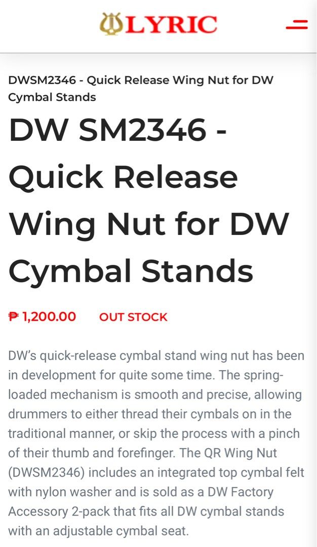 QUICK RELEASE WING NUT FOR DW DRUM CYMBAL STANDS (DW SM2346) (Category: Musical Instruments) located in Muntinlupa City. Submitted by centralintel8 (Listing ID 1449574321, Image 3). Description: QUICK RELEASE WING NUT FOR DW DRUM CYMBAL STANDS (DW SM2346) PhP 1000 Brand New (package opened to check, but never used) Compare at PhP 1200 online / PhP 1300 in-store.