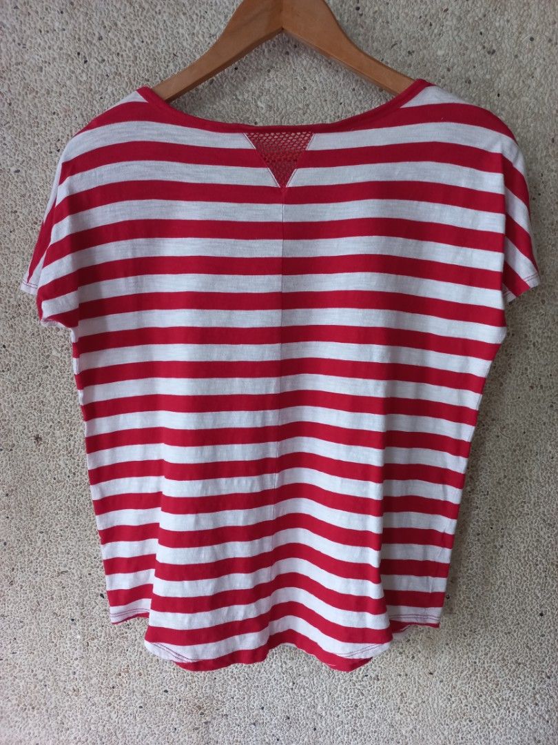Red and White Striped T-shirt (Category: Shirts) located in Cainta. Submitted by jacypluto_shop (Listing ID 1449640162, Image 2). Description: Color: Red Size: Medium (M) Material: Cotton Condition: Like new Already been used.