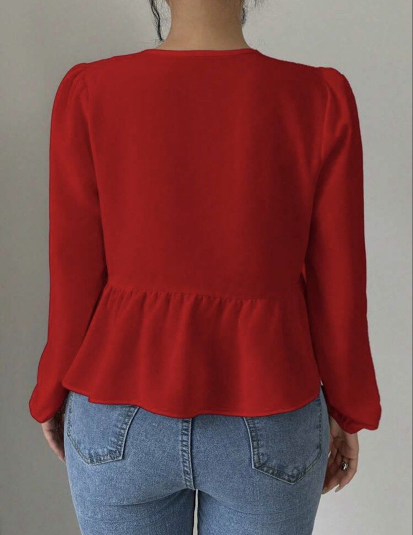 Chinese Red Peplum Top (Category: Longsleeves) located in Quezon City. Submitted by mihoho13 (Listing ID 1449672219, Image 2). Description: - Vibrant red long-sleeved peplum top - Unique black frog fastenings down the front - Classic round neckline - Comfortable elasticated cuffs - Flattering peplum hemline - Versatile: pairs well with jeans or skirts - Ideal for stylish everyday wear.