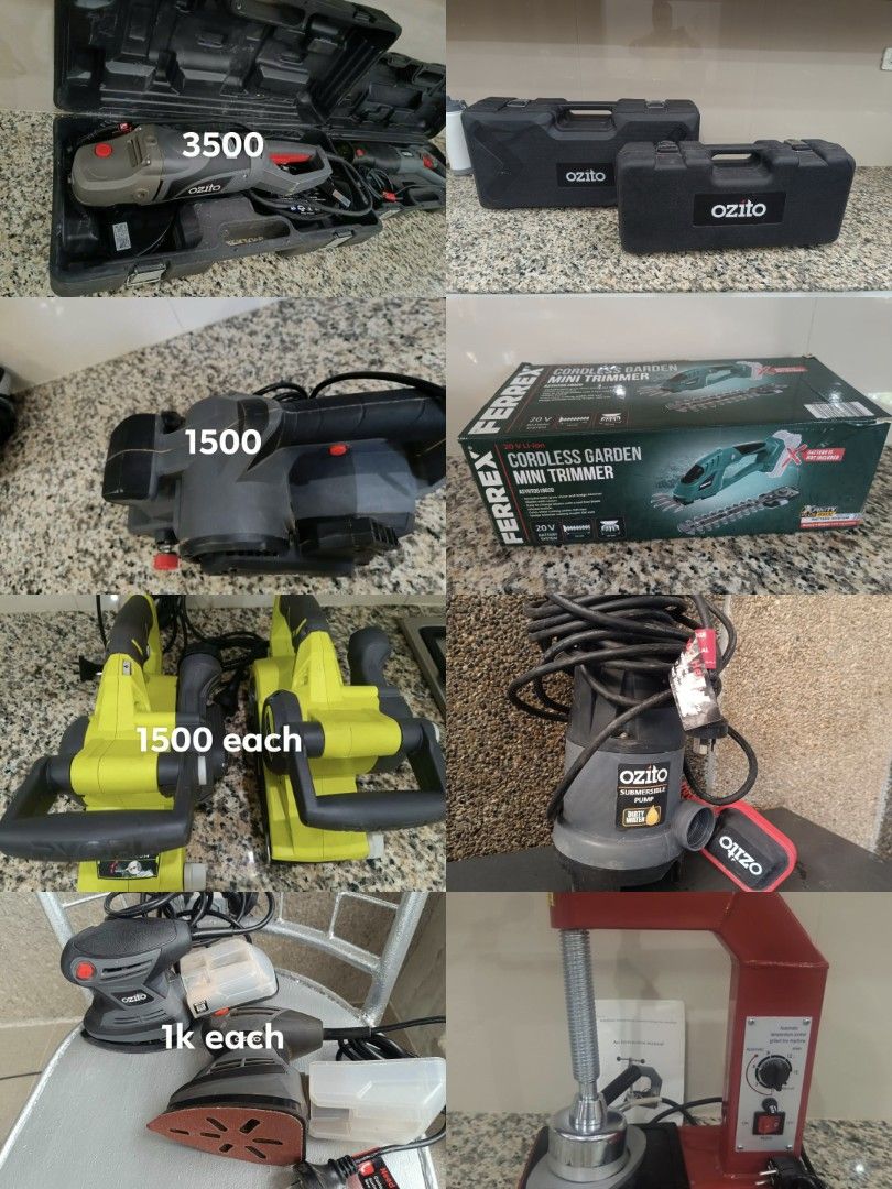 Ryobi ozito ferrex Australian tools for sale (Category: Construction Tools & Equipment) located in Tarlac. Submitted by ibrahimharb81 (Listing ID 1449680260, Image 2). Description: For sale Australian brands Ozito Ryobi Ferrex New and second hand Location Tarlac City. Shipping or pick up. Please pm for the prices. Thank you..