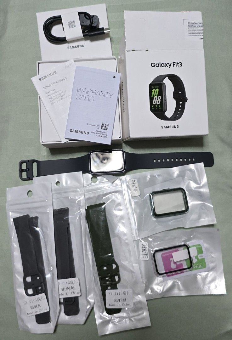 Samsung Galaxy Fit3 Smartwatch with Accessories (Category: Wearables & Smart Watches) located in Quezon City. Submitted by limbertqc (Listing ID 1449589231, Image 1). Description: - Samsung Galaxy Fit3. - Original box, charger, and warranty card included. - Extra watch straps: black (2) and green (1). - Screen protectors included (2). - Ideal for fitness tracking and staying connected. - Lightly used for only 8 days. - RFS: going back to my smart