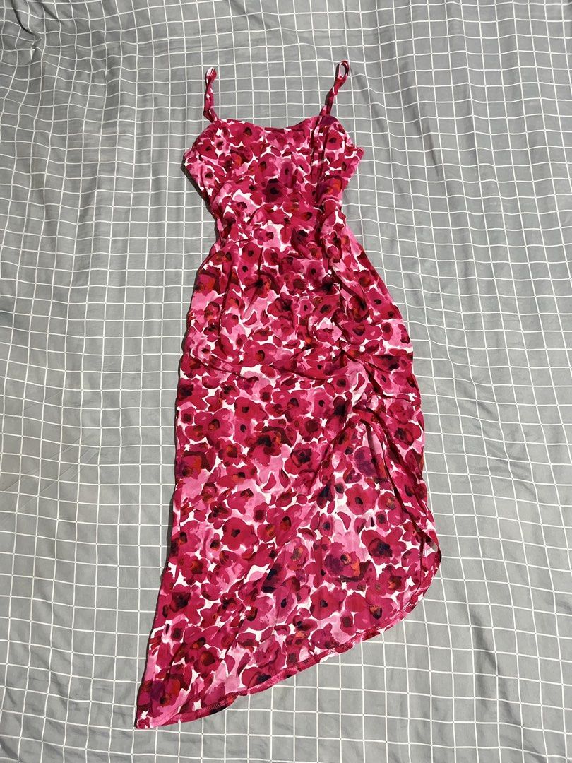 SHEIN Floral Print Ruched Side Split Midi Dress (Category: Dresses) located in Manila. Submitted by az0r_ (Listing ID 1449652666, Image 2). Description: - Cute pink floral print midi dress - Brand: SHEIN - Features: Spaghetti straps, ruched side detail, thigh-high split, asymmetrical hemline - Versatile: Great for a night out or casual day - Size: XS.