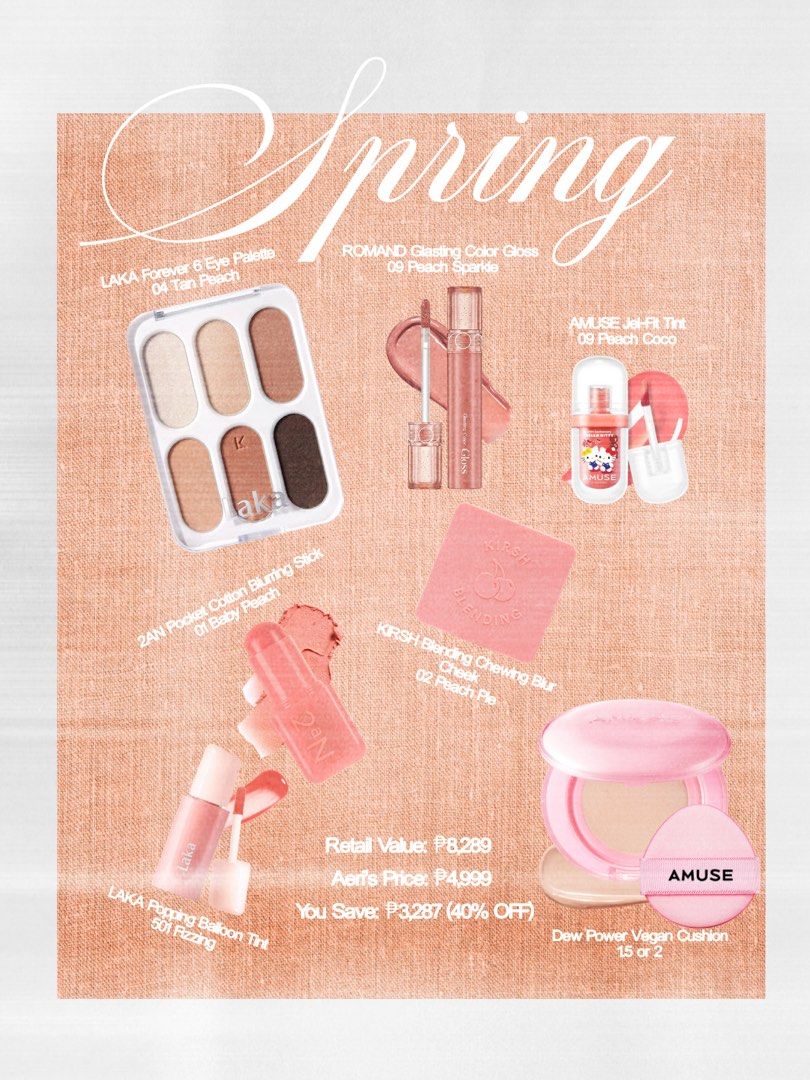 Spring Makeup Collection: LAKA, ROMAND, AMUSE, 2AN, KIRSH (Category: Makeup) located in Manila. Submitted by hi_sssea (Listing ID 1449544149, Image 1). Description: - LAKA Eye Palette in Tan Peach - ROMAND Juicy Lasting Tint in Peach Sparkle - AMUSE Dew Tint in Peach Coco - 2AN Blurring Stick in Baby Peach - KIRSH Cheek Powder in Peach Pie - AMUSE Cushion (Shade 15 or 2) - Achieve a fresh spring makeup look - Incredible value: 40% off retail pric