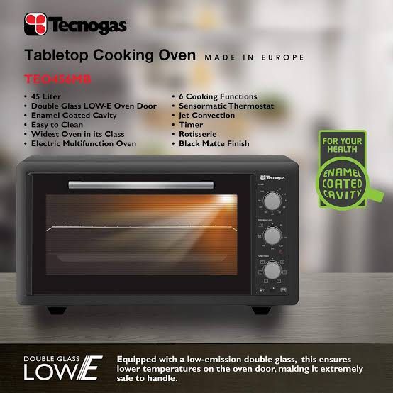 Tecnogas Tabletop Cooking Oven 45 Liter (Category: Ovens & Toasters) located in Quezon City. Submitted by shopaholic.kart2021 (Listing ID 1449693496, Image 3). Description: - Tecnogas Tabletop Oven - 45 Liter Capacity - Double Glass Door (Easy to Clean) - 6 Cooking Functions - Timer - Rotisserie Included - Convection Feature - Sleek Black Matte Finish - Made in Europe - Ideal for any kitchen.