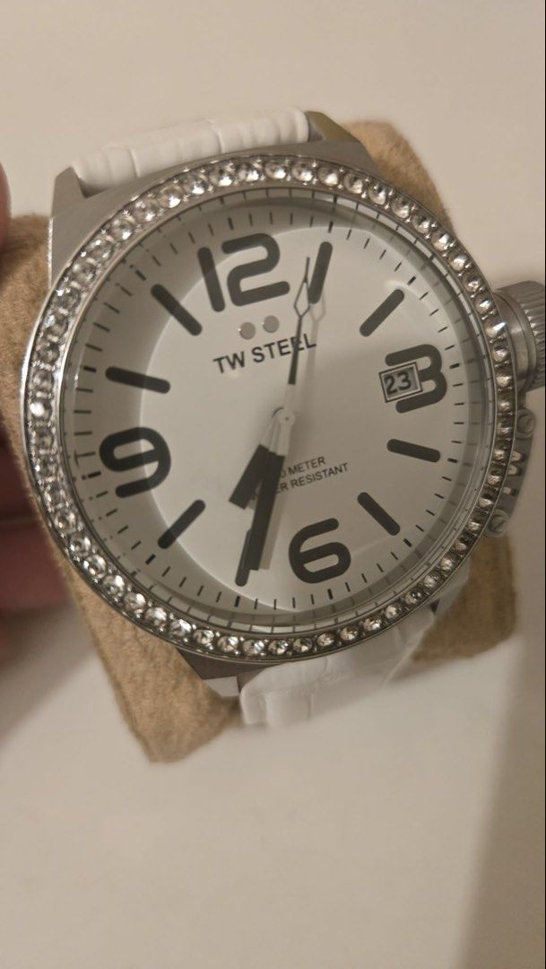 TW Steel White Dial Crystal Bezel Watch (Category: Luxury Watches) located in Manila. Submitted by xiaauma (Listing ID 1449654252, Image 1). Description: - TW Steel watch - White dial - Date display at 3 o'clock - Bezel with clear crystals - White strap - Original price was 14k pesos - Water resistant up to 100 meters.