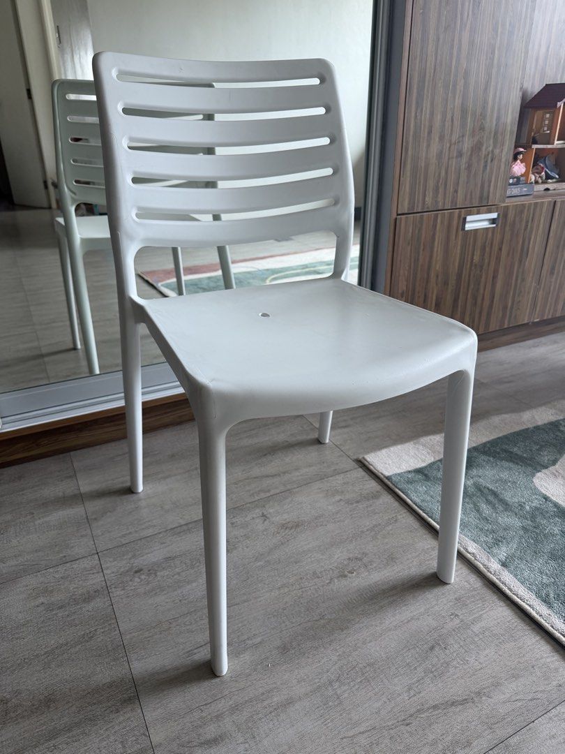 Uratex Olympia Bistro Chair (Category: Chairs) located in Paranaque City. Submitted by hellolala.94 (Listing ID 1449621527, Image 1). Description: - Stackable white plastic chair for space-saving storage. - Simple and modern design fits any decor. - Versatile use: perfect for dining or as an extra seat. - Features a small hole in the seat. - Minor scuffs on the surface. .