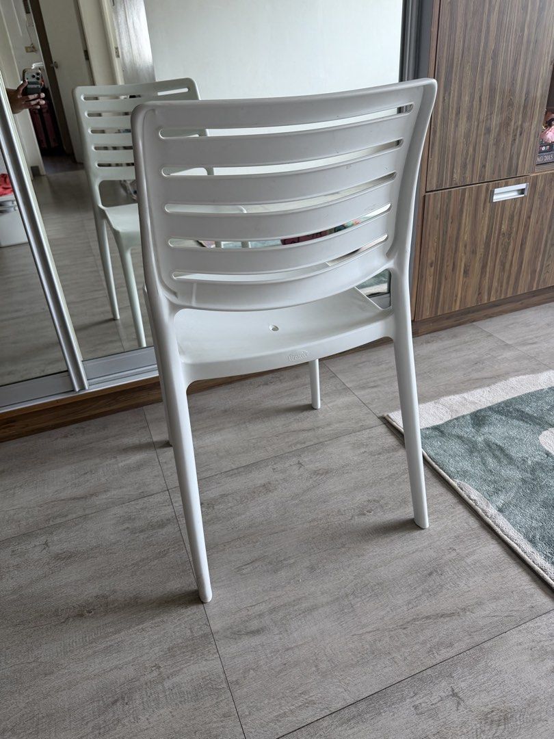 Uratex Olympia Bistro Chair (Category: Chairs) located in Paranaque City. Submitted by hellolala.94 (Listing ID 1449621527, Image 3). Description: - Stackable white plastic chair for space-saving storage. - Simple and modern design fits any decor. - Versatile use: perfect for dining or as an extra seat. - Features a small hole in the seat. - Minor scuffs on the surface. .