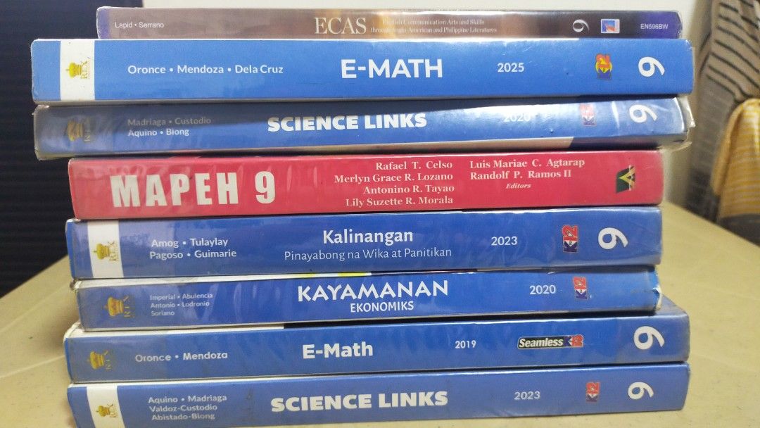 Various Grade 9 Textbooks - E-Math 9, Science Links9, MAPEH 9 (Category: Textbooks) located in Caloocan City. Submitted by lhynmm95881 (Listing ID 1449576280, Image 1). Description: - Bundle of textbooks available - Subjects include: E-Math, Science Links, MAPEH 9, Kalinangan, Kayamanan - Publication years: 2019, 2020, 2023 (check photos for specifics) - Ideal for students needing supplementary study materials.