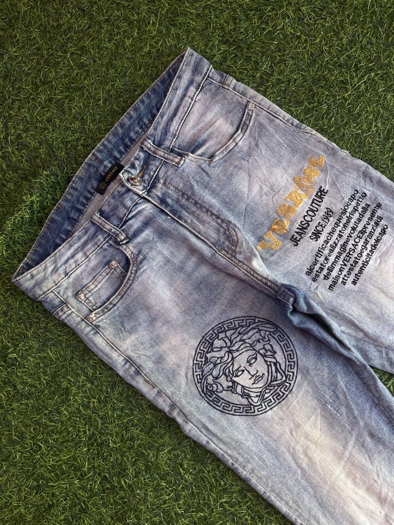 Versace Embroided Design Denim Pants (Category: Jeans) located in Calapan. Submitted by seria_thrifting_apparel (Listing ID 1449701017, Image 2). Description: ✅ Embroided Design • Width: 30-32 • Length: 38.5 • Hem: 5.5 • Color rate: 8.5/10 • Issue: Need Wash (Very Good Condition).