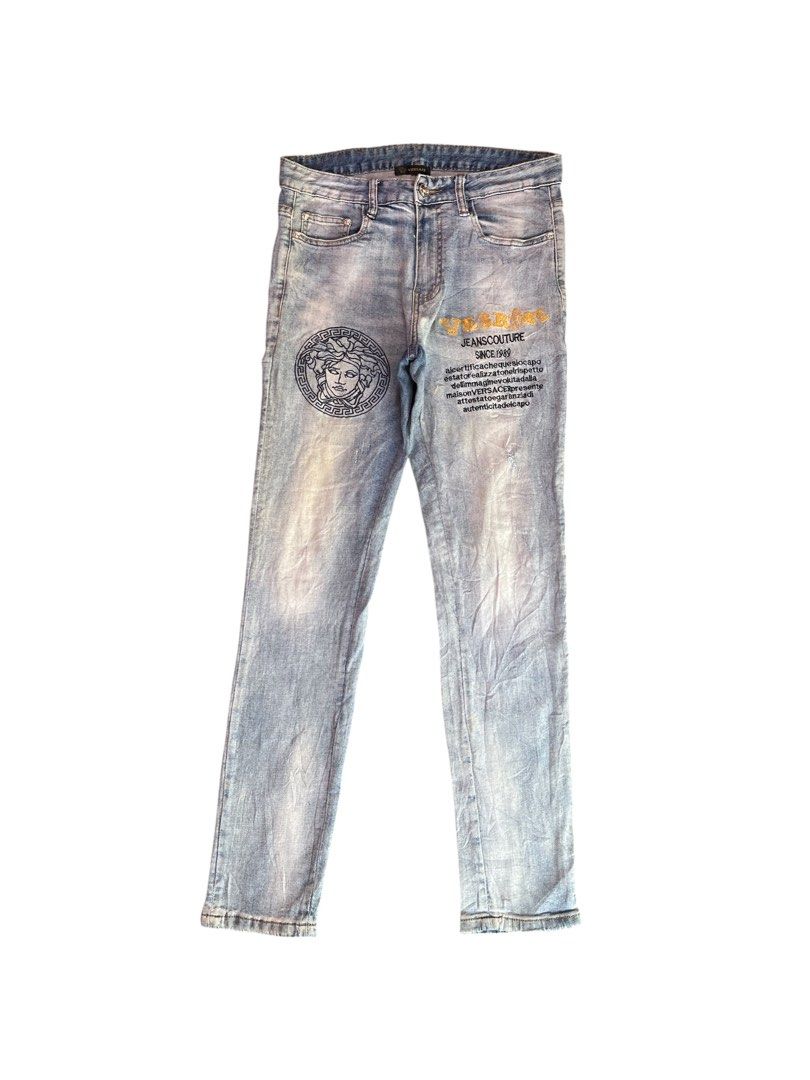Versace Embroided Design Denim Pants (Category: Jeans) located in Calapan. Submitted by seria_thrifting_apparel (Listing ID 1449701017, Image 1). Description: ✅ Embroided Design • Width: 30-32 • Length: 38.5 • Hem: 5.5 • Color rate: 8.5/10 • Issue: Need Wash (Very Good Condition).