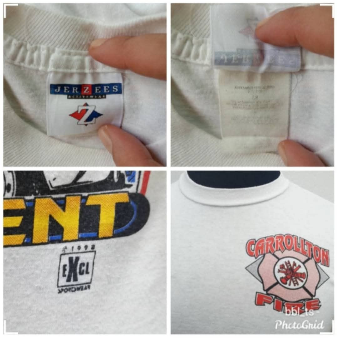 Vintage 1998 Jerzees Carrollton Fire Department T-Shirt (Category: Tshirts & Polo Shirts) located in Kota Bharu. Submitted by aliceking2510 (Listing ID 1449534524, Image 3). Description: - Vintage white t-shirt - Tagged Jerzees, copyright 1998 - Features a vintage fireman graphic on the front - Back graphic: Carrollton Fire Department vehicles & "Carrollton 70" - Material: 100% Cotton - Construction: Double stitched - Condition: No pinholes, exce