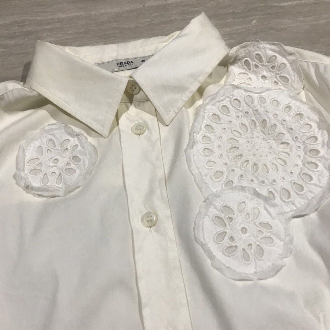 Vintage Prada Ruched Shirt (Category: Longsleeves) located in Bacolod City. Submitted by cdargg (Listing ID 1449561858, Image 2). Description: •Size 40 •Dimension: Width: 18 Length: 23 Excellent Authentic No Issue/ Flaws.