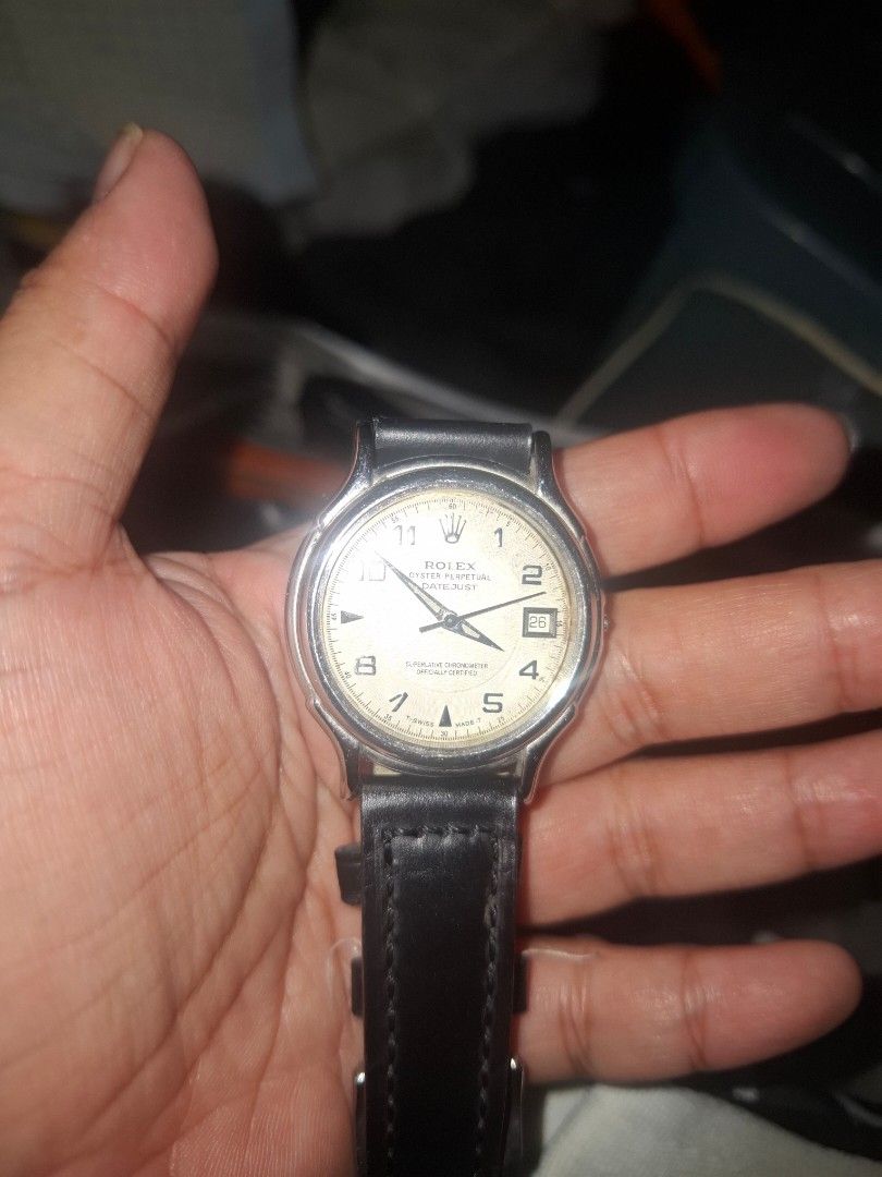 Vintage Rolex Oyster Perpetual Datejust (Category: Luxury Watches) located in Carcar. Submitted by brave_brandboss (Listing ID 1449718992, Image 3). Description: This vintage Rolex Oyster Perpetual Datejust appears to be a customized or non-standard iteration. Key details such as the stylized Art Deco/breguet-style numerals, modified hands, and the engraved textured dial strongly resemble aftermarket or heavily modified features rather than a fac