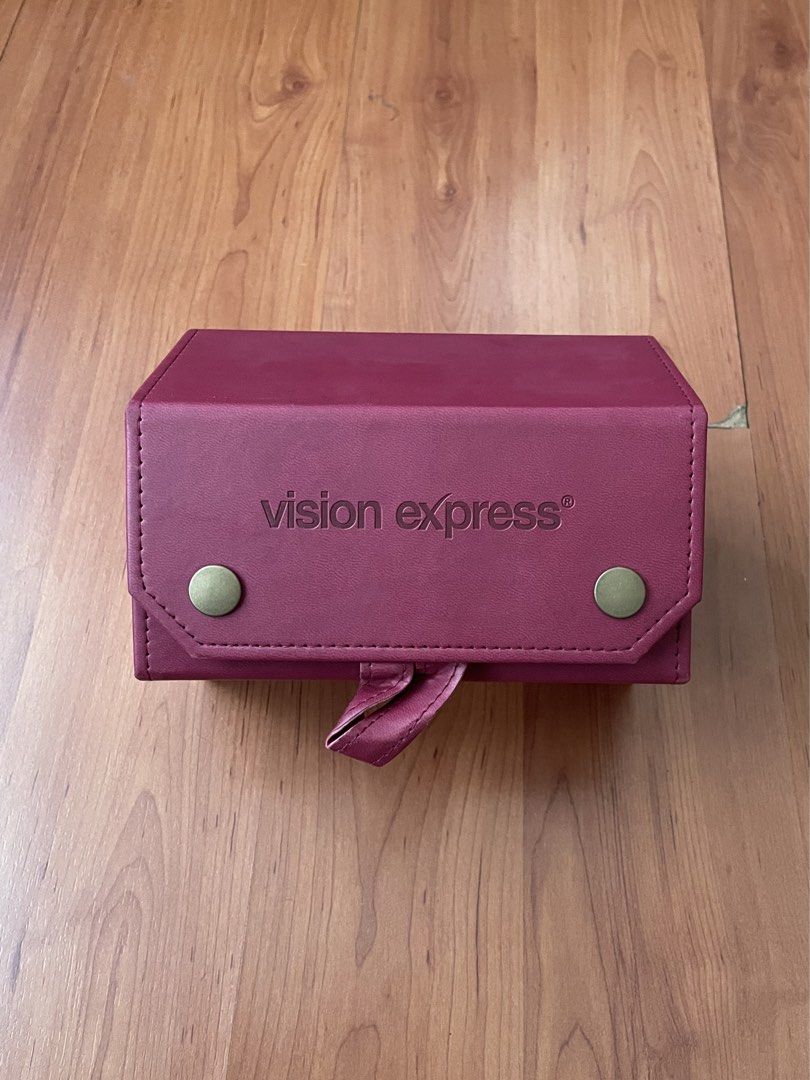 Vision Express Foldable Eyeglasses/Sunglasses Organizer (Category: Storage Boxes & Baskets) located in Quezon City. Submitted by greenteaslush (Listing ID 1449535773, Image 3). Description: - Vision Express foldable storage - red exterior, cream interior - multiple compartments - can be organizing jewelry, accessories, eyeglasses, sunglasses - folds flat, convenient storage - snap button closure 10/10 condition, never used .