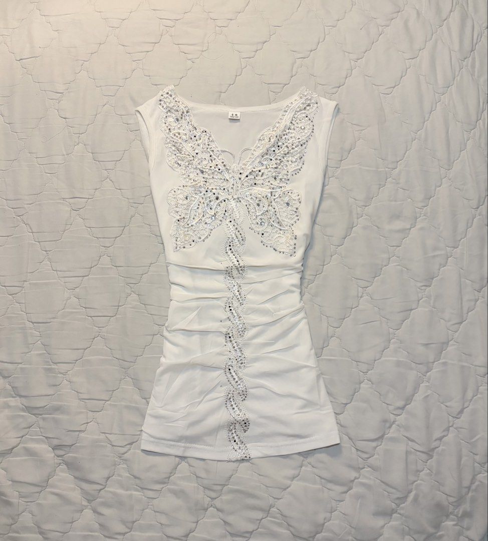 White Butterfly Top with Rhinestones (Category: Sleeveless) located in Manila. Submitted by silksyrenph (Listing ID 1449661610, Image 1). Description: medium-large ig: @silksyren fb: Silk Syren 📍ilocos sur.