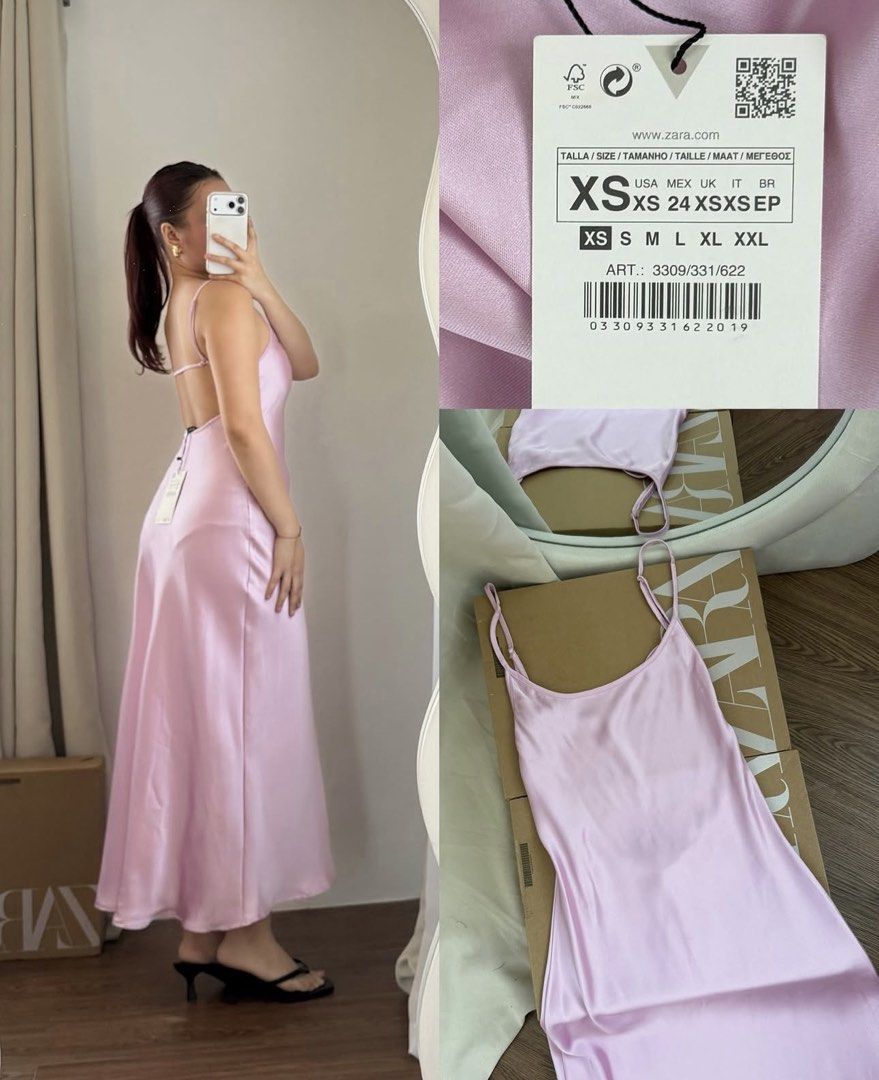ZARA Pink Satin Open Back Dress (Category: Dresses) located in Manila. Submitted by ccollection_ (Listing ID 1449582999, Image 2). Description: Xsmall on Tag, fits up to small size It has runs but not vidible Brandnew no tag 880 last price.