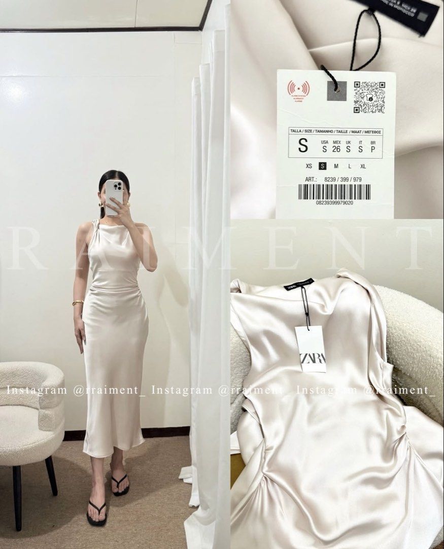 Zara Satin Midi Dress (Category: Dresses) located in Las Pinas. Submitted by itsabigailc (Listing ID 1449588563, Image 1). Description: Available size: LARGE Fits medium- large frame up to 36 bust, 30-32 waist Non stretch. No zipper. No lining but not see through. ~ true to size on tag pero medyo maliit po sizing nito kasi yong small before super sakto sakin no allowance po ~ with minimal stain sa may bandang baba ng dress but not that noticeable
