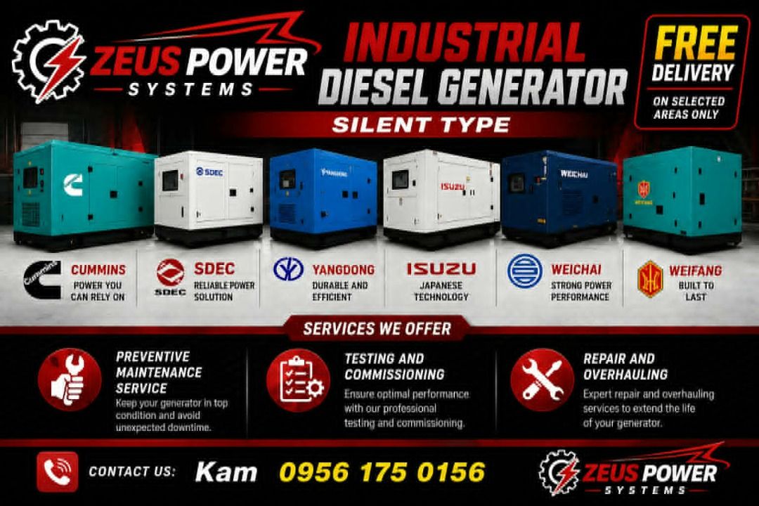 Zeus Power Systems Generator (Category: Construction Tools & Equipment) located in Caloocan City. Submitted by backuppowerph (Listing ID 1449540639, Image 1). Description: - Zeus Power Systems Generators: Your reliable power solution. - Ensures quality and dependability. - Automatic Switch: Seamless power transition. - Cost-Effective: Smart investment for your power needs. - Versatile: Ideal for home, business, and industrial use. - Delivery Avai