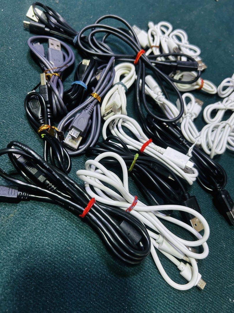 Assorted USB Charging Cables - Micro USB, USB-C (Category: Cables & Adaptors) located in Manila. Submitted by starbalesukandjapansurplus (Listing ID 1449832380, Image 2). Description: - Lot of charging cables - Includes Micro USB and USB-C types - Mixed black and white colors - Cables are bundled together - Ideal for charging phones, power banks, and other gadgets.