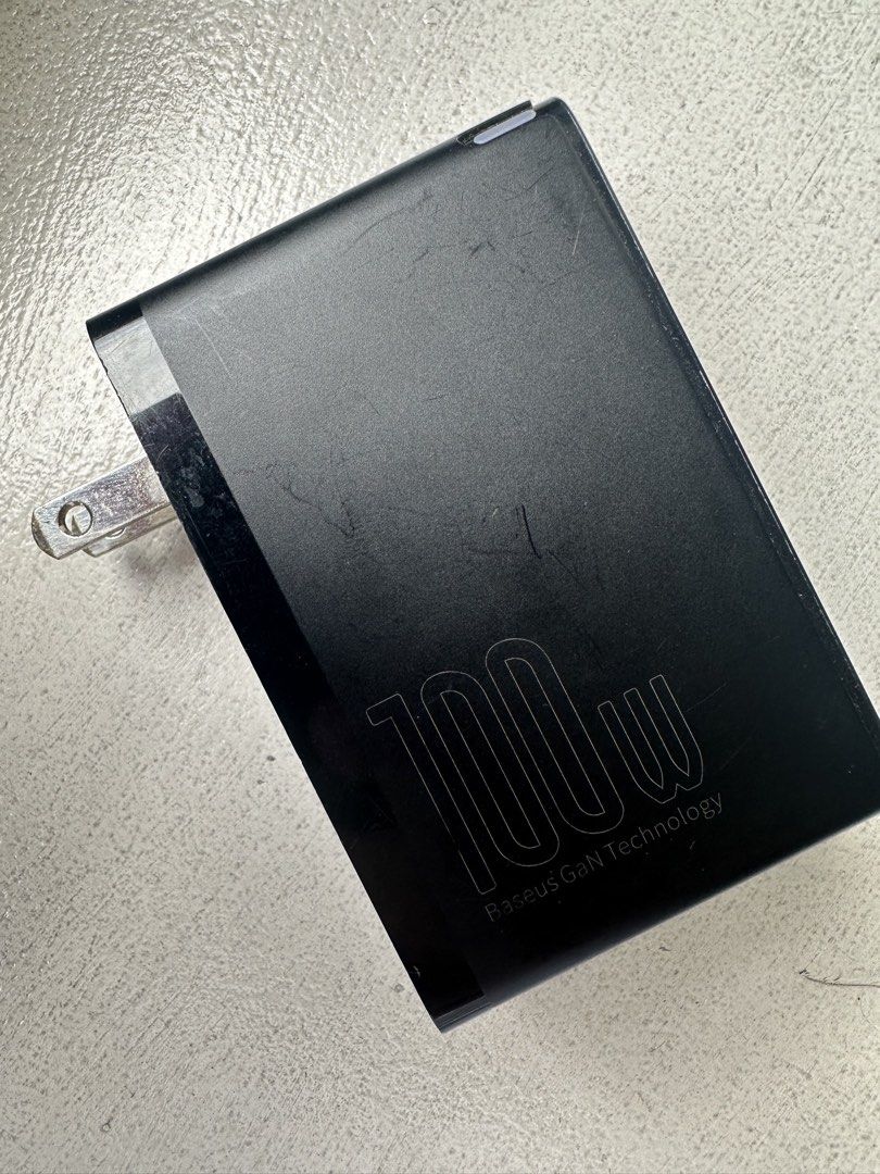 Baseus 100w Gan Charger suitable for macbook pro (Category: Electrical, Adaptors & Sockets) located in Quezon City. Submitted by dlsy12 (Listing ID 1449791203, Image 2). Description: Baseus 100w gan travel charger Foldable prong Can be used to charge even your 65w macbook pro + other devices 2 type C + 2 USB ports Rfs switched to all type c.